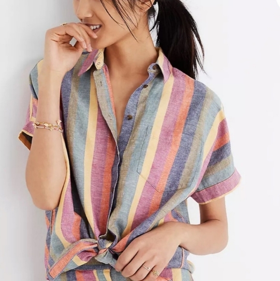 Madewell Tops - Madewell Short-Sleeve Tie-Front in Rainbow Stripe